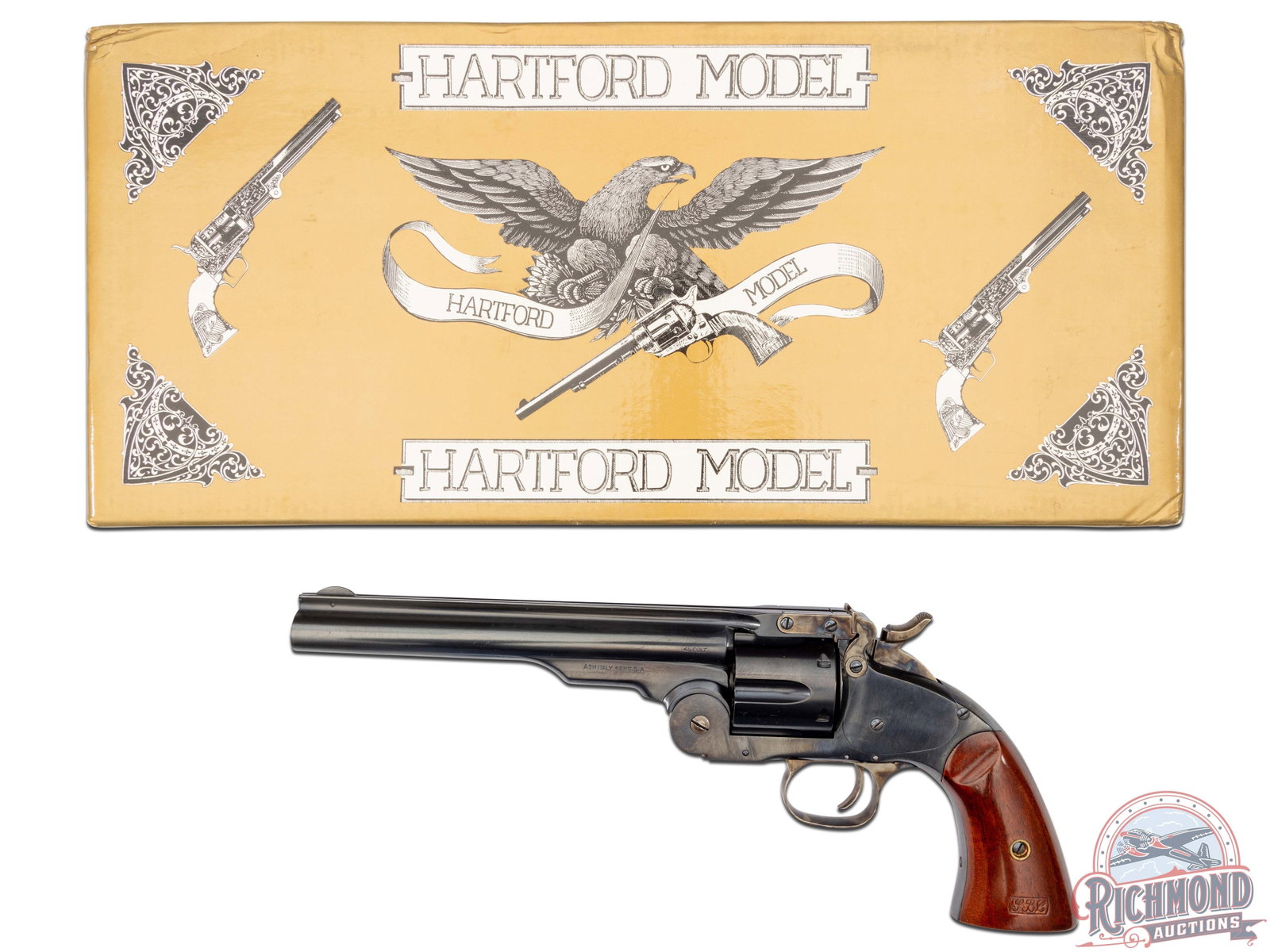 ASM EMF 1875 Scofield .45 Long Colt Single Action 7" Top Break Revolver: Manufactured in Italy by Armi San Marco for EMF in Santa Ana, California. An exceptional Italian replica of the US Army Major George Scholfield's design. Features a 7" solid rib blued barrel, half-moo
