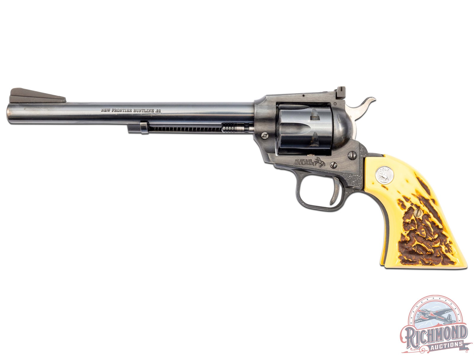 1985 Colt 7.5" New Frontier Buntline .22 LR Single Action Revolver: Manufactured in 1985. Features a 7.5" barrel with ramp front side sight and rear adjustable notch sight. Stamped on the left side of the barrel "NEW FRONTIER BUNTLINE .22", top of the barrel is stampe