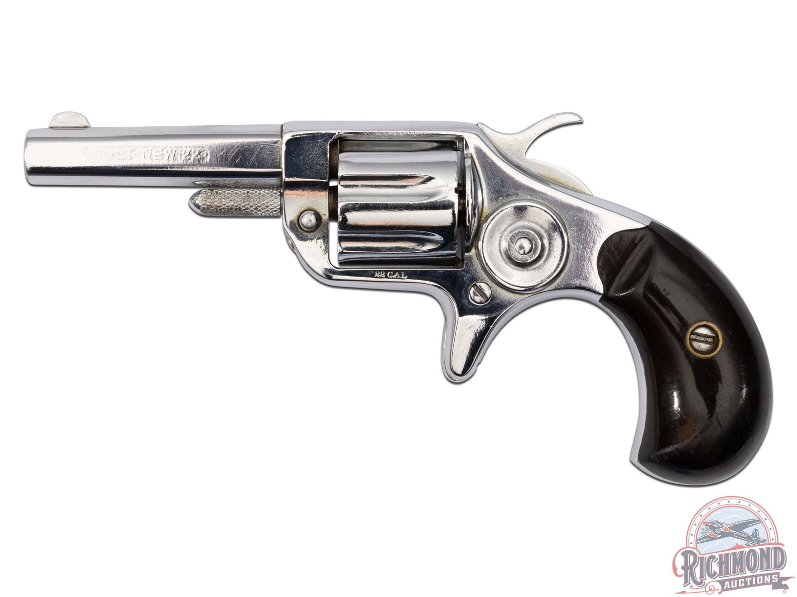 1877 Antique Colt New Line .22 Caliber Nickel Single Action Revolver: Manufactured in 1877 with all matching serial numbers. This pocket revolver features a 2.25" flat side barrel, half-moon front sight, and integrated rear notch sight. Two line Colt address stamped on 
