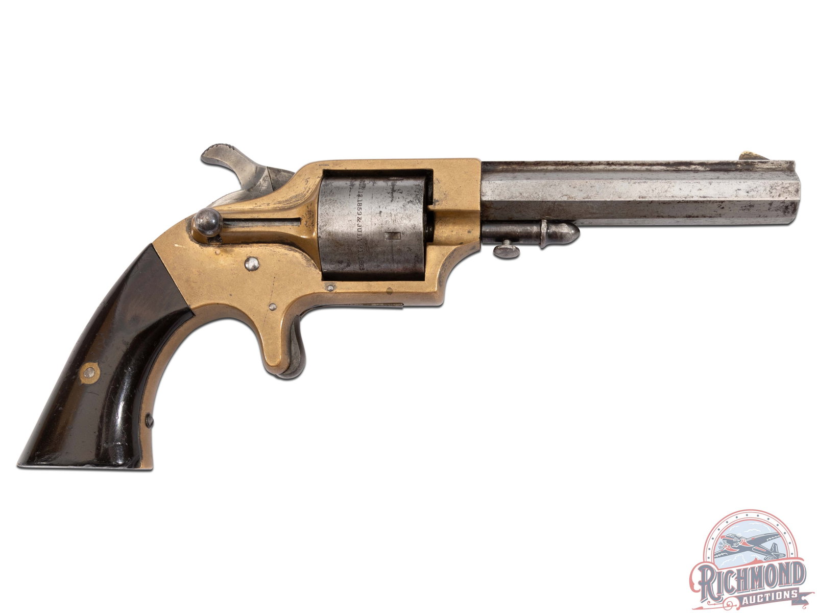 Merwin & Bray Spur Trigger 32 Caliber Revolver: Made circa 1850. Blued 3.5" octagon barrel in.32 caliber with maker marks. Brass frame with spur trigger and 2 piece Rosewood grips. CALIBER: 0.32. S/N: n/a. FFL STATUS: Antique.