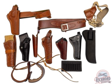 Lot of Assorted Leather Tooled Holsters, Belts, Nylon Holster, Shoulder Holster