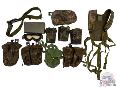 Assorted Lot of US Military Camo Pouches, Bandolier Belt, Goggles