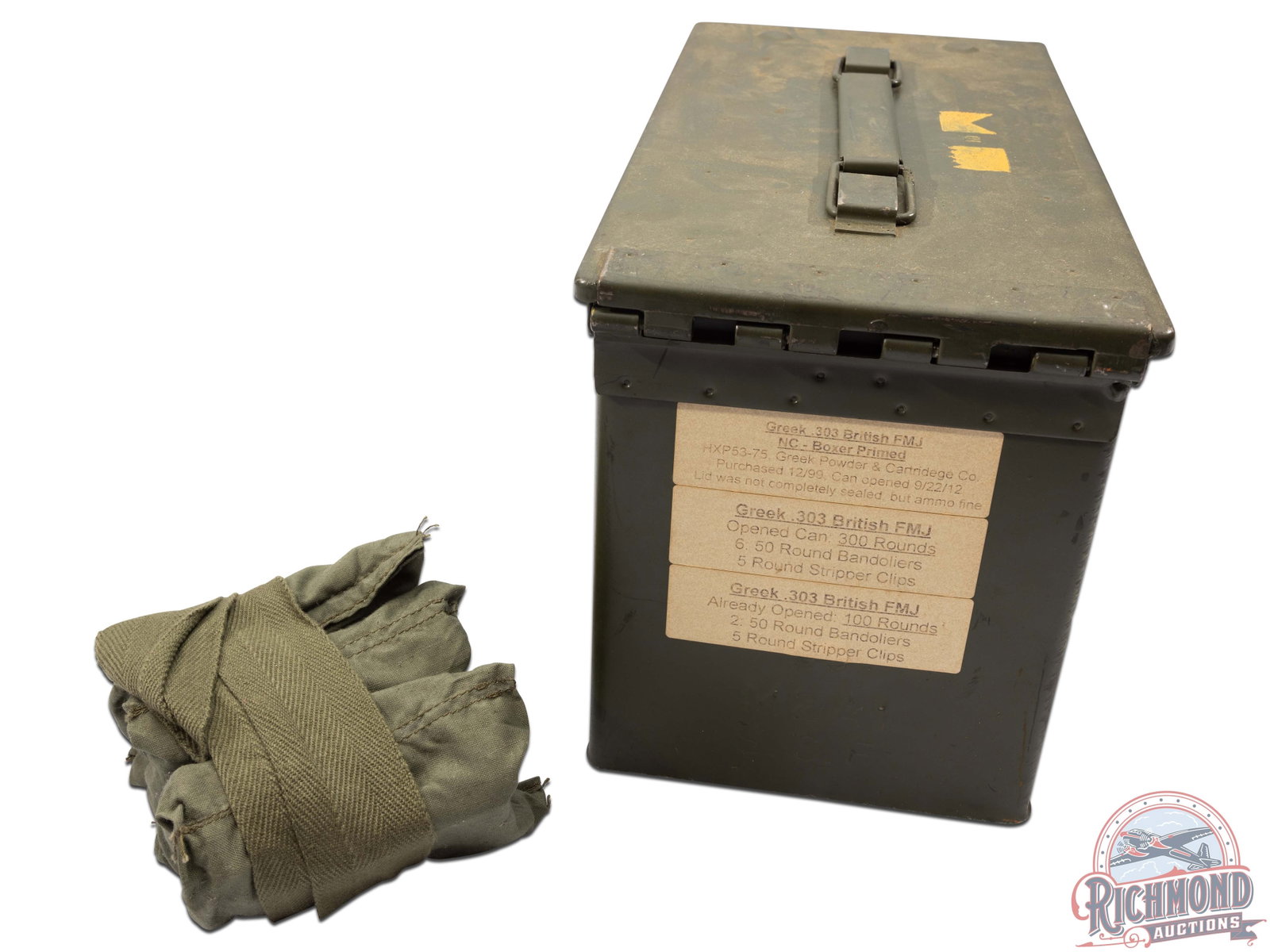 400 Rounds .303 British Ammunition on Stripper Clips in Eight Bandoliers in Ammo Can: Eight bandoliers, each holding 50 rounds of .303 British on stripper clips. Comes in a 50 Cal size ammo can. CALIBER: .303 British.