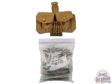 20 Rounds .303 British Ammunition w/ Lot of WWII Stripper Clips and Canvas Pouch