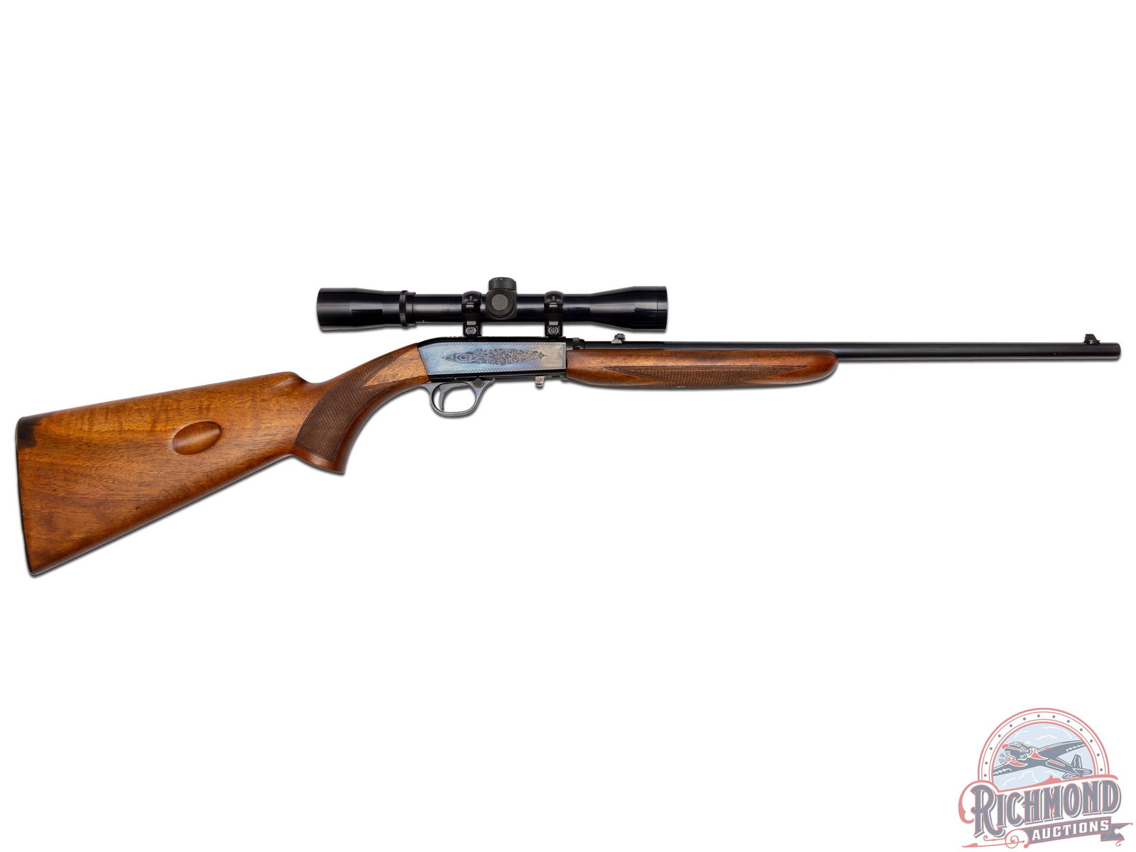 1961 Belgian Browning Grade I SA .22 Caliber Semi-auto Rifle with Scope: Made in 1961. 19.25" blued round barrel with Belgian marks in .22 Long Rifle and standard sights. Floral Grade I engraved blued takedown receiver fitted with Bushnell 4X scope. Walnut checkered factor