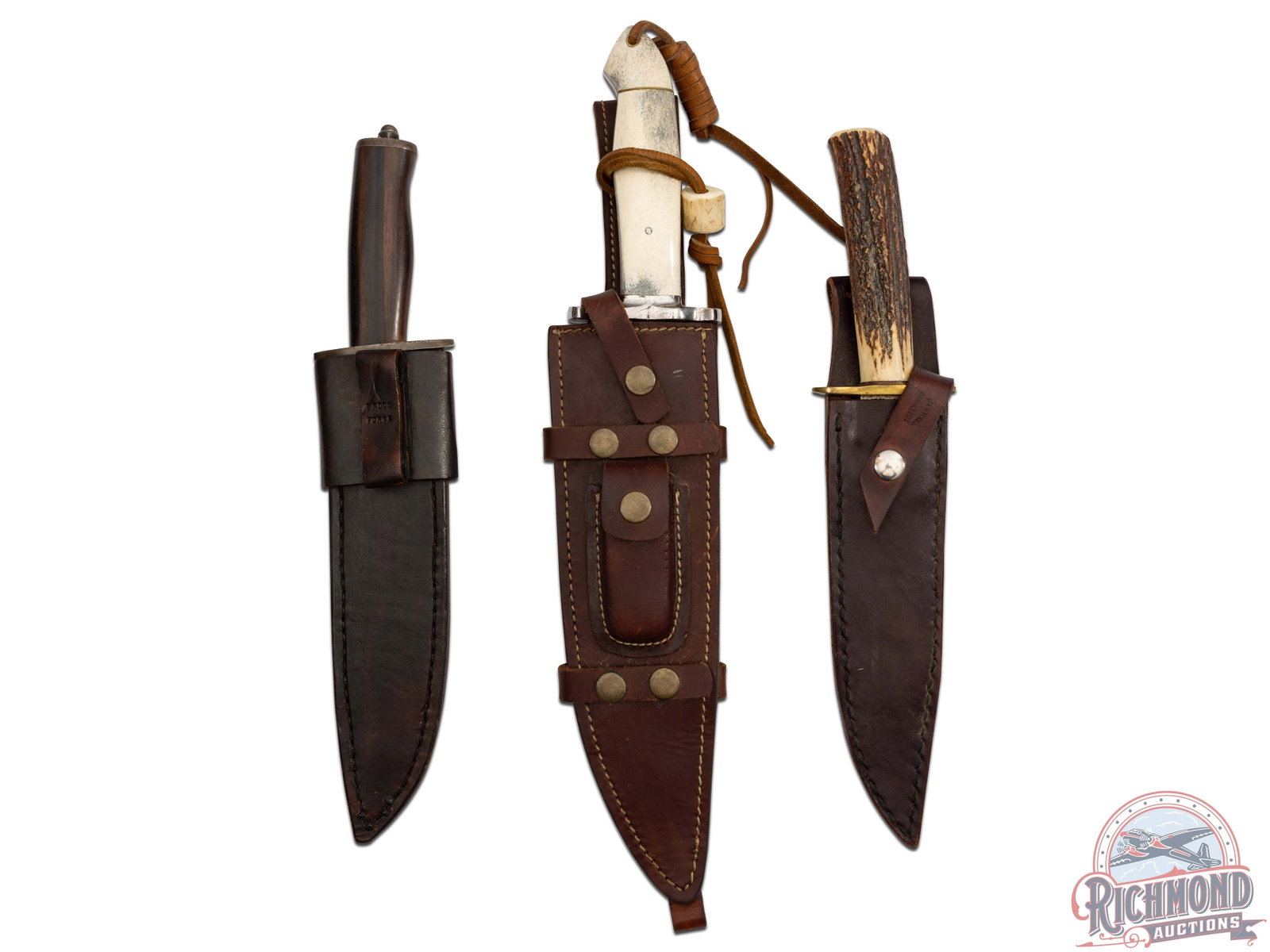 Lot Three Custom Made Damascus Fixed Blade Knives with Leather Sheath: 1) P&C Custom Bowie style with stag handle and brass spacer, leather tassel, Damascus blade 11", 17.5" OAL. 1) Bagwell Damascus Bowie style knife with Stag round grip and brass guard, 13.5" OAL, 7.25"