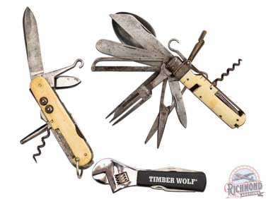 Two Vintage Multi-Function Tool Camp Knives Includes Sheffield and One Modern Wrench