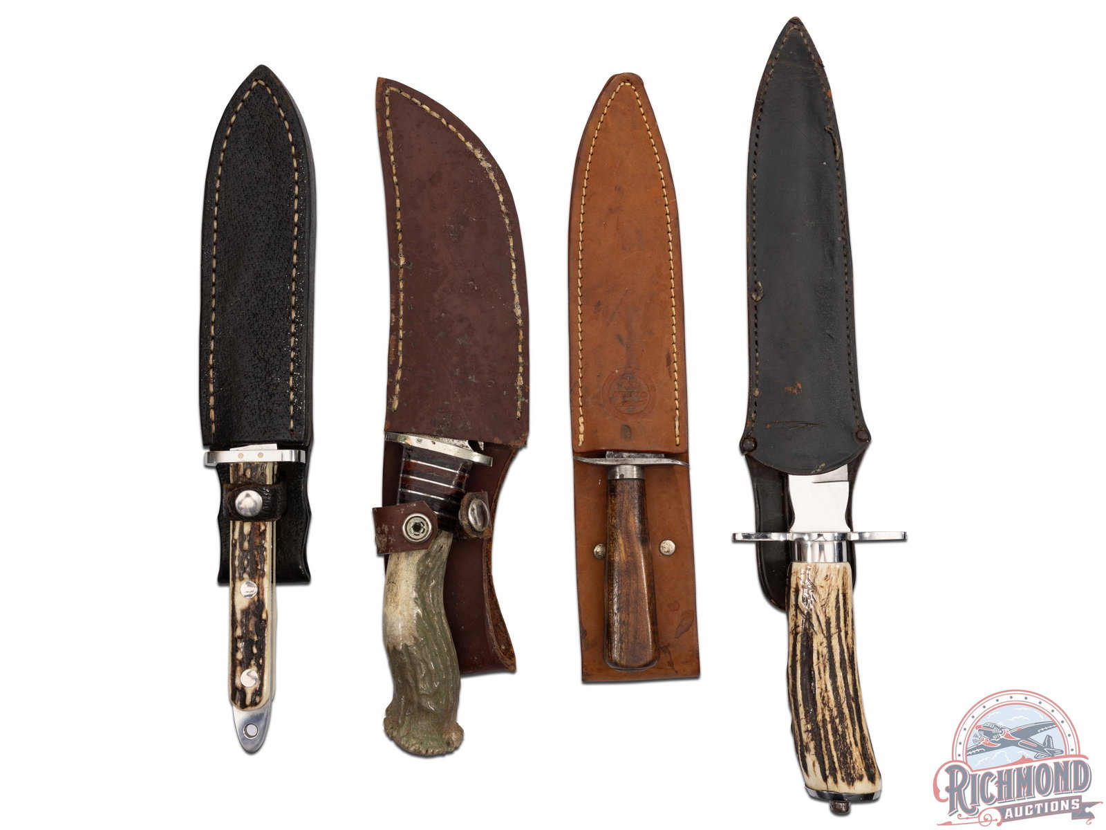 Lot Four Vintage and Modern Collector Knives with Leather Sheaths: 1) "fox" stamped filet knife with wood handle and steel guard. 11" OAL, 7" blade, includes Olsen leather sheath. 1) Harbuck, Alabama hunting knife with stag handle, red and silver tone separations and