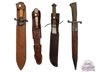 Lot Four Fixed Blade Knives with Leather Sheaths and Ornate Handles