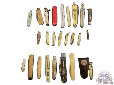 Lot Miniature Folder Pen Knives Some Vintage Advertising in Display Case