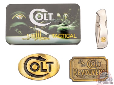 New Colt Tactical Folder Knife in Tin and Two Brass Colt Belt Buckles