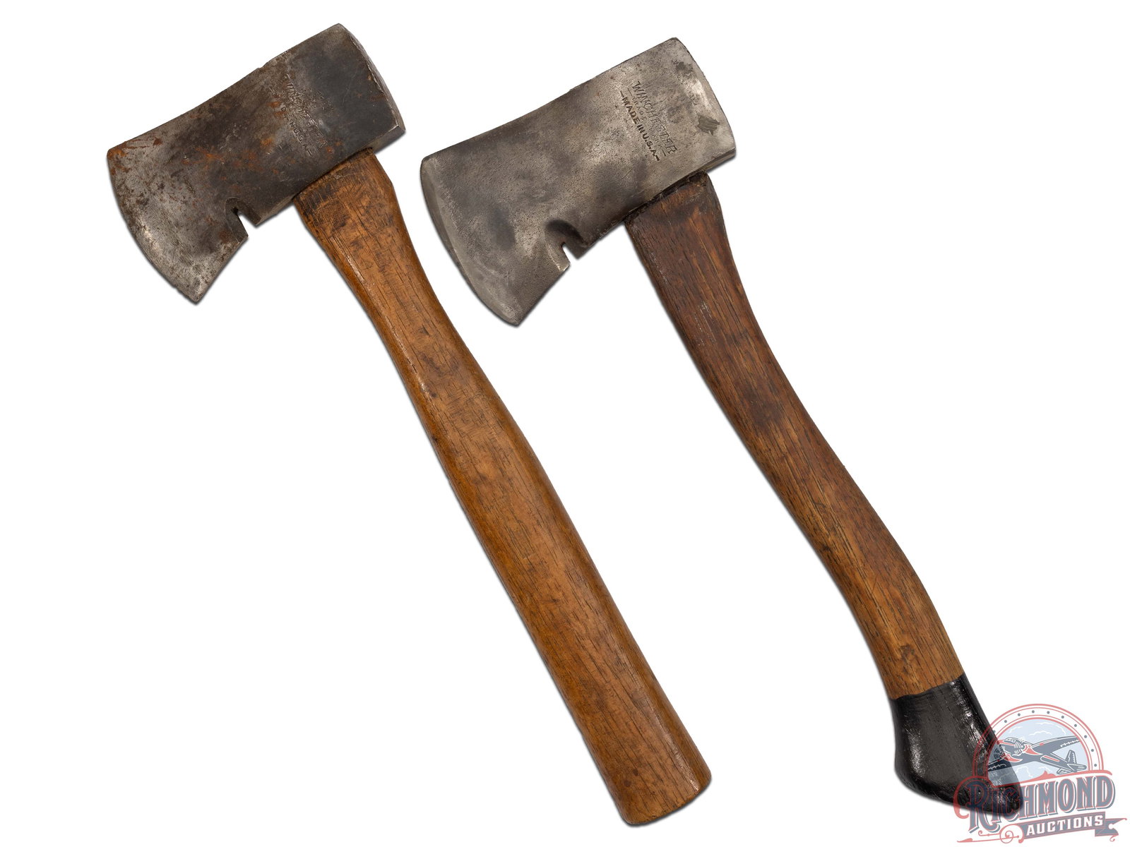 Two Winchester Brand Hatchets / Axes 14" With Nail Pullers: Each are approximately 14" in length with 3" width. Wood handles on both, one has been painted black on the tip. Both have nail pullers and are clearly stamped "WINCHESTER - TRADE MARK - MADE IN THE U