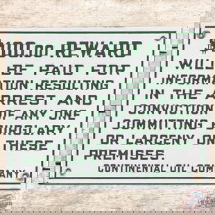 Continental Oil Company Conoco Reward SS Porcelain Sign: Fantastic SSP (single sided porcelain) sign has excellent color and gloss. The field and perimeter are very clean overall showing minor wear. The sign has a great look and displays very well
