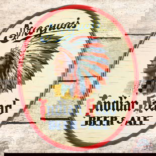 Iroquois Indian Head Beer & Ale SS Tin Sign: Graphic SST (single sided tin) self-framed sign has excellent color and shine. The field has light general wear with scratches in the lower field. The perimeter has a small ding at 8 o'clock with