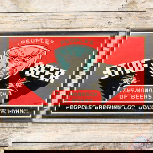 Stag Beer "The Monarch of Beers" Peoples Brewing Co Duluth Minn SS Tin Sign: SST (single sided tin) sign with factory wooden frame has excellent color and shine. The sign has dimples with wrinkling, small paint chips and fine scratches. The wooden frame is in very good