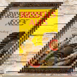 Russells' Ales "The Beer from the Country" Tin Litho Sign: SST (single sided tin) tin litho self-framed sign has excellent color and shine. The field has surface wear with paper residue, marks, and discoloration. The self-framed edge has wear with paint