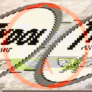 Tydol Flying A Gasoline SS Porcelain Pump Plate Sign: SSP (single sided porcelain) sign has excellent color and gloss. The field has light wear with a small chip in the lower field. The perimeter has areas of discoloration, edge chips and a small area