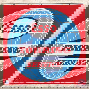 1963 Esso Touring Service DS Porcelain Sign: DSP (double sided porcelain) sign has very good color. Side #1 has excellent gloss with marks and light wear in the field. The perimeter has oxidation and chips along the edges. The reverse has a few