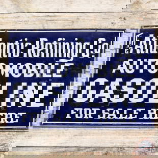 Atlantic Refining Co. Automobile Gasoline DS Porcelain Flange Sign: DSP (double sided porcelain) sign has good color and gloss. The display field and perimeter have surface wear with multiple chips. The reverse is similar with heavy chipping at the inner flange.