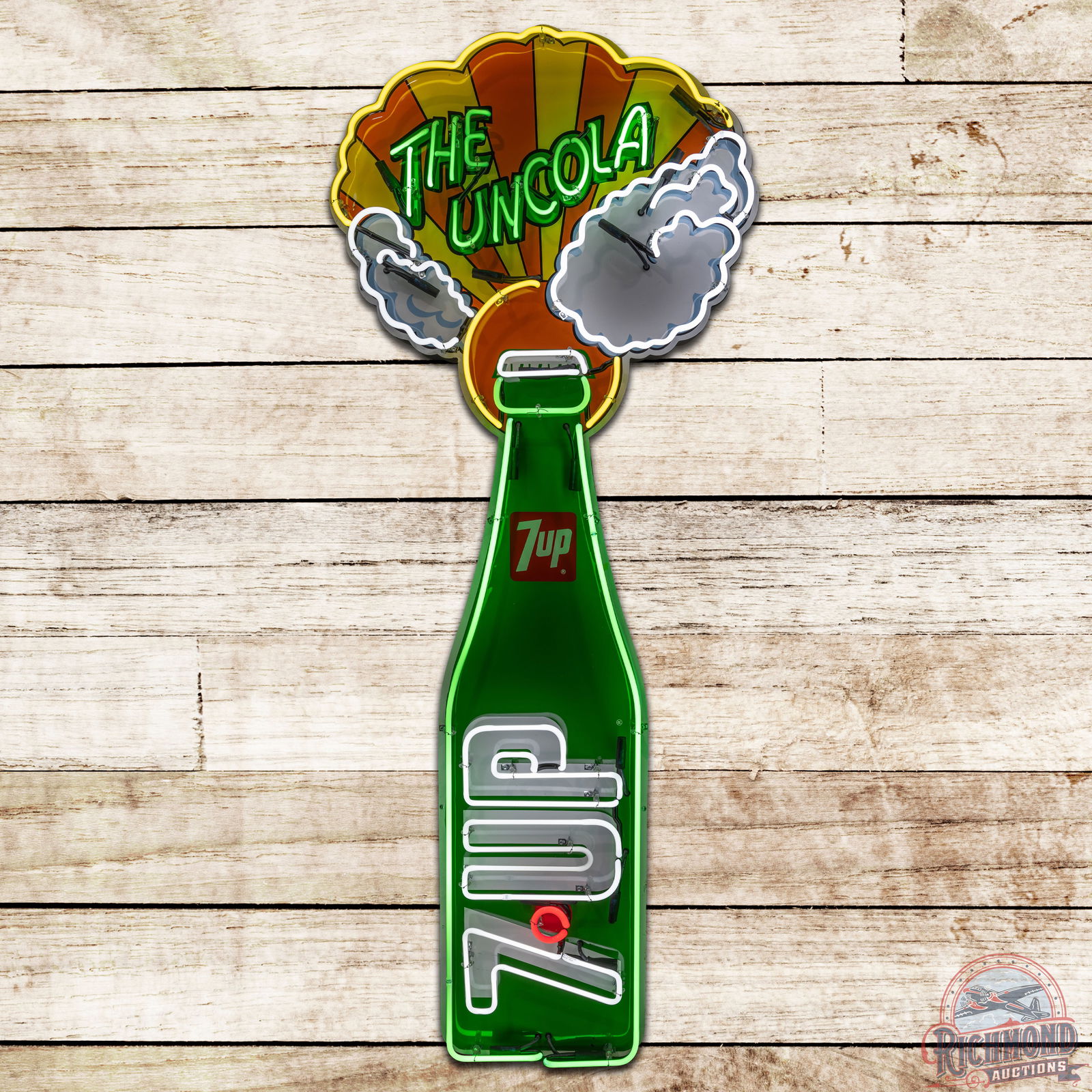 7up "The Uncola" Die Cut SS Tin Neon Sign Peter Max Style: SST (single sided tin) die cut sign with added neon and can has excellent color and shine. The field is very clean overall with light horizontal bends across the "7up" logo in the center field. The pe