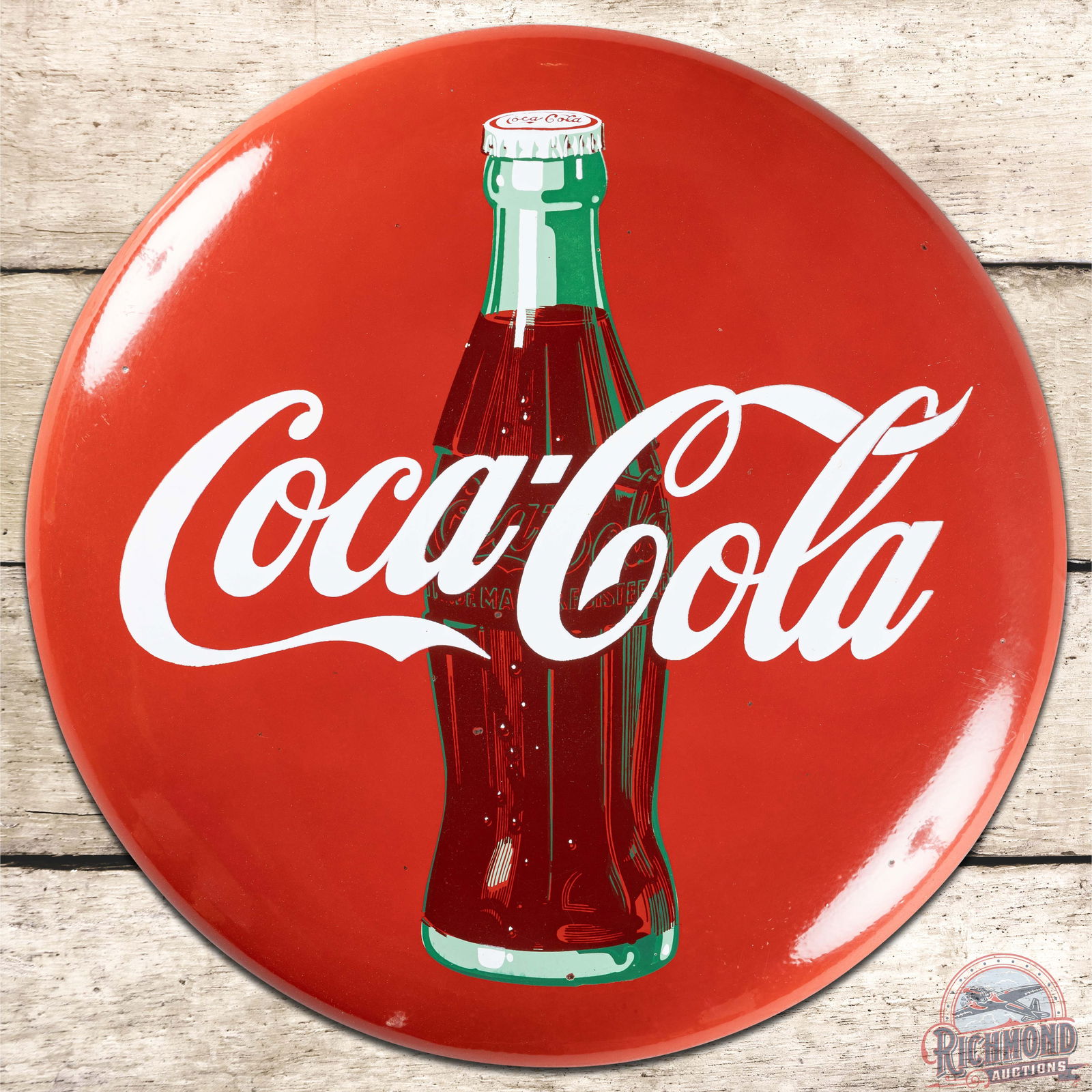 Coca Cola 24" SS Porcelain Button Sign w/ Bottle (1 of 3)