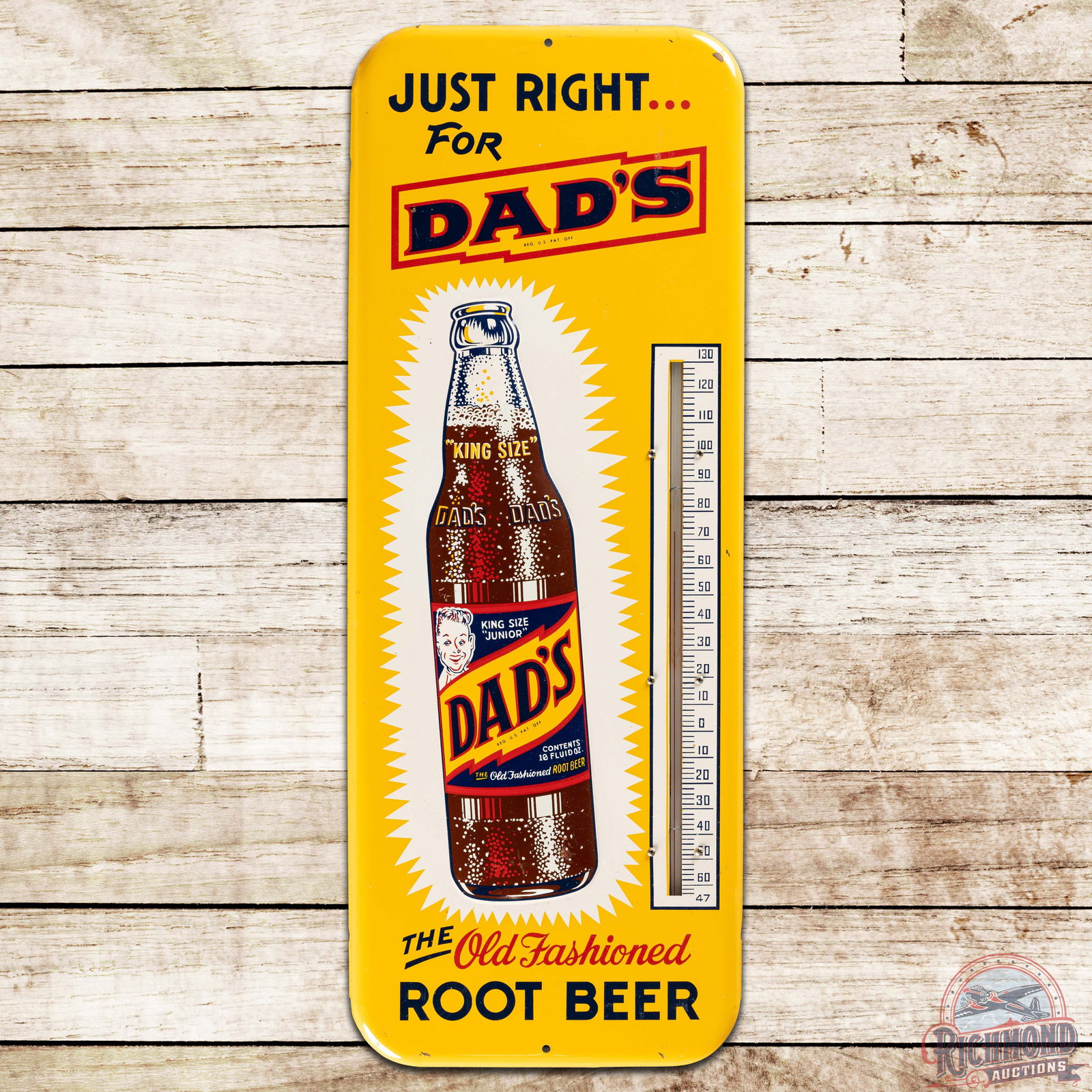 Dad's The Old Fashioned Root Beer Embossed SS Tin Thermometer Sign w/ Bottle: SST (single sided tin) embossed thermometer has excellent color and shine. The tube is intact and works as it should. The field has minor wear to the bottle and small paint chips with scuffs in the up