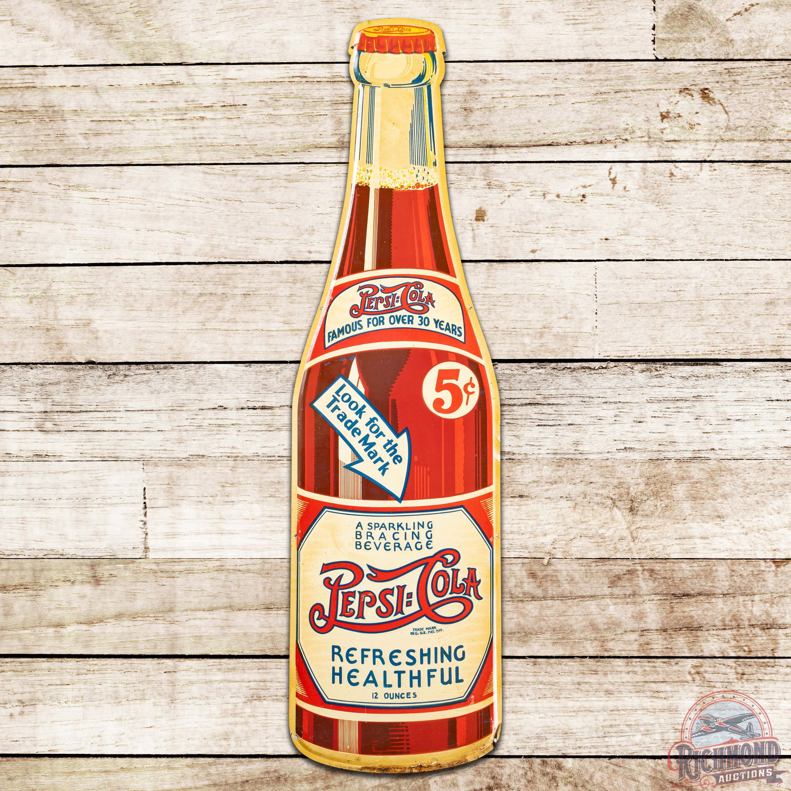 Pepsi Cola 5 Cents "Refreshing Healthful" SS Tin Die Cut Double Dot Bottle Sign (1 of 3)