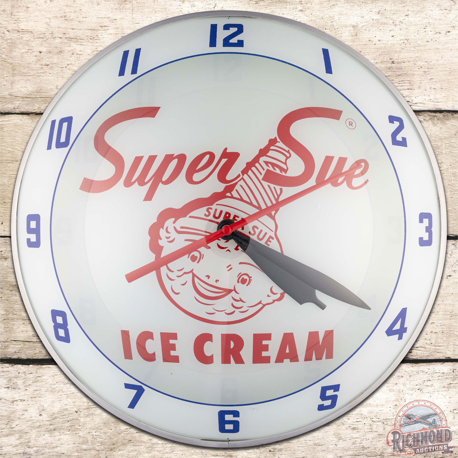 Super Sue Ice Cream 15" Double Bubble Advertising Clock w/ Logo (1 of 4)