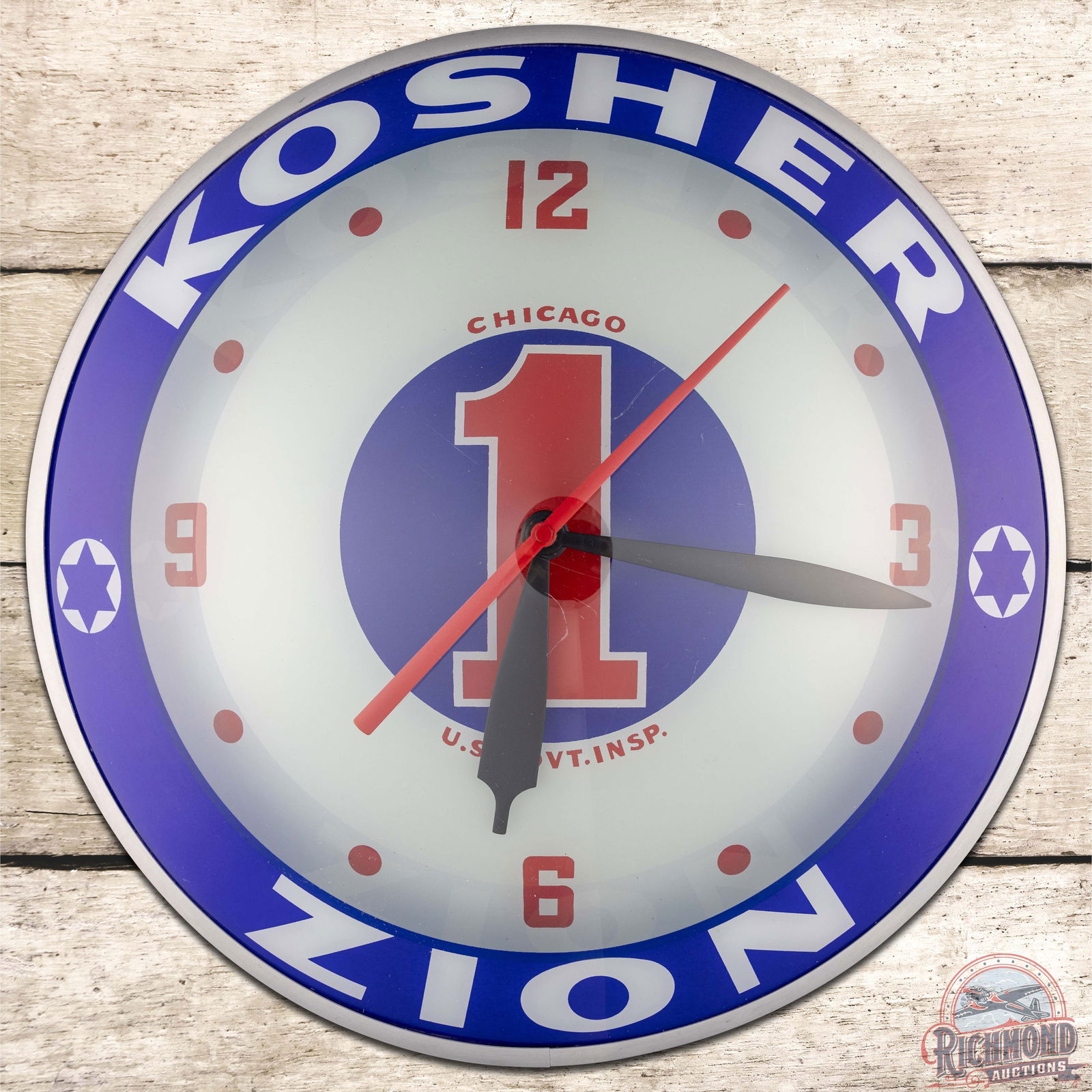 Kosher Zion Chicago #1 15" Double Bubble Advertising Clock: Lighted double bubble clock runs and lights up as it should. The clock exhibits bright colors on the inner and outer glass. The inner glass is clean. The outer glass has scratches in the field. The me