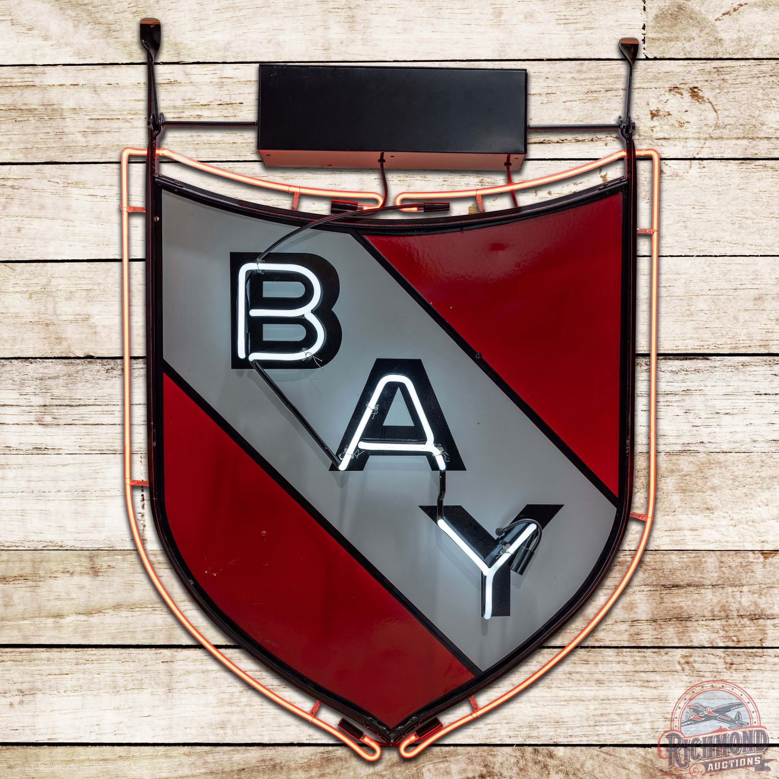 Scarce Bay Gasoline 48" DS Porcelain Neon Sign w/ Ring "Minor": Amazing DSP (double sided porcelain) sign with factory ring and two color neon has day one color and gloss. The sign features a factory neon surround with added neon lettering. Side #1 is very clean o