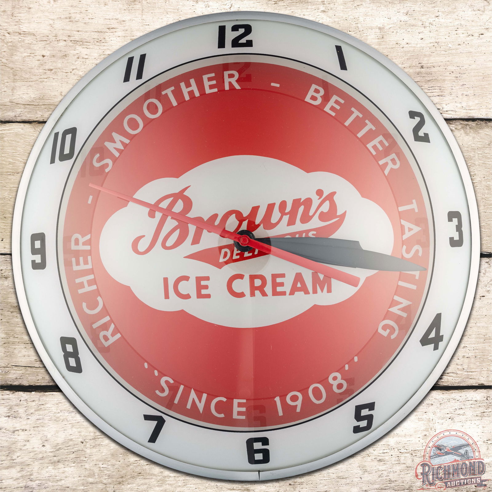 Brown's Delicious Ice Cream "Since 1908" 15" Double Bubble Advertising Clock: Lighted double bubble clock runs and lights as it should. The faces are in excellent condition with a few minor fine scratches on the outer glass. The can has been professionally repainted and a new A
