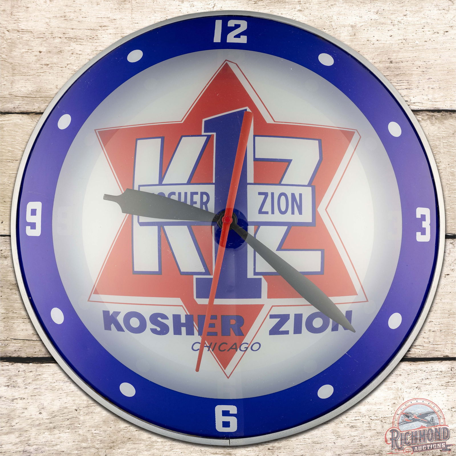 Kosher Zion Chicago #1 15" Double Bubble Advertising Clock w/ Logo: Lighted double bubble clock runs and lights up as it should. The clock features bright colors on the inner and outer glass. The inner glass is clean. The outer glass has small scuffs in the field. The