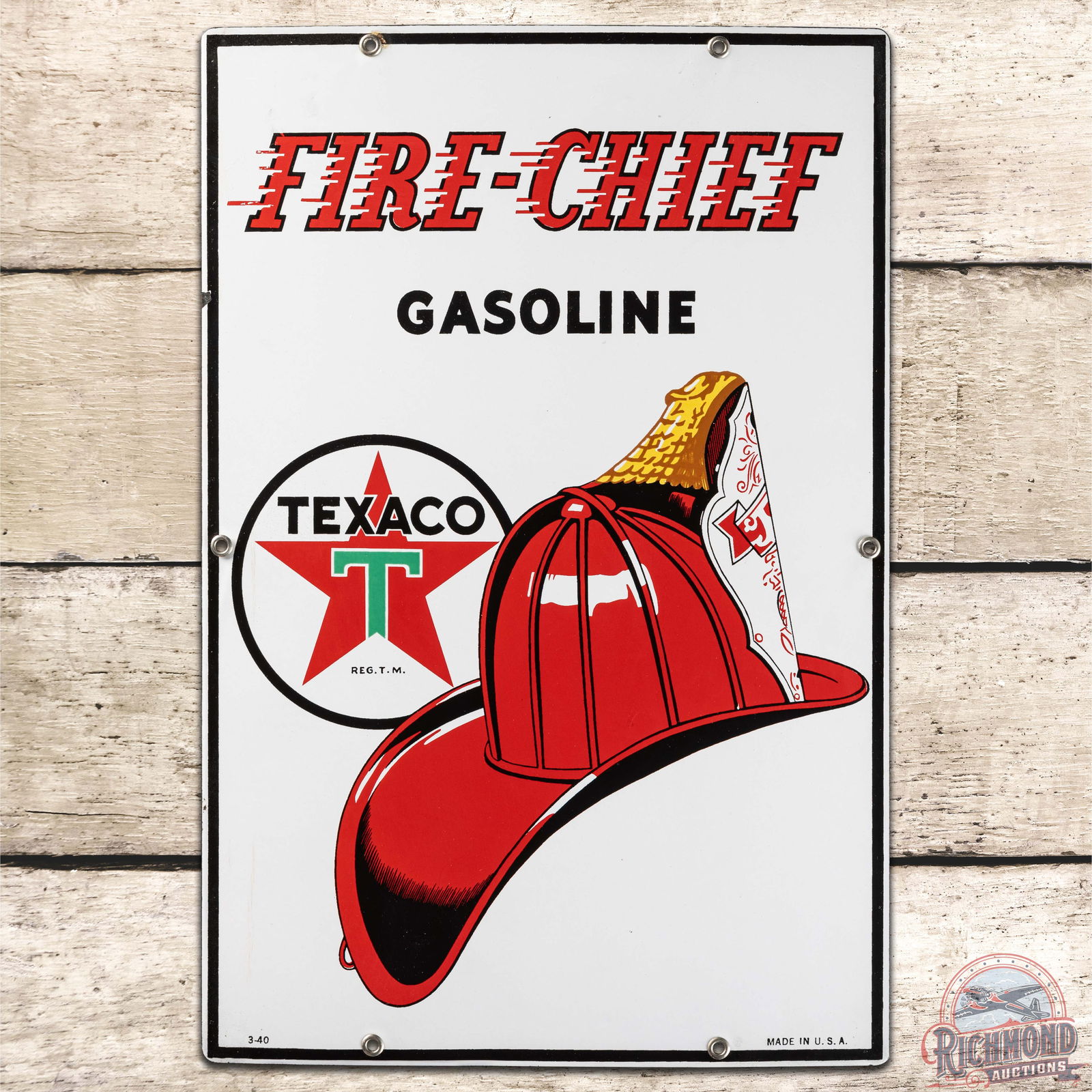 1940 Fire Chief Gasoline SS Porcelain Pump Plate Sign (1 of 3)