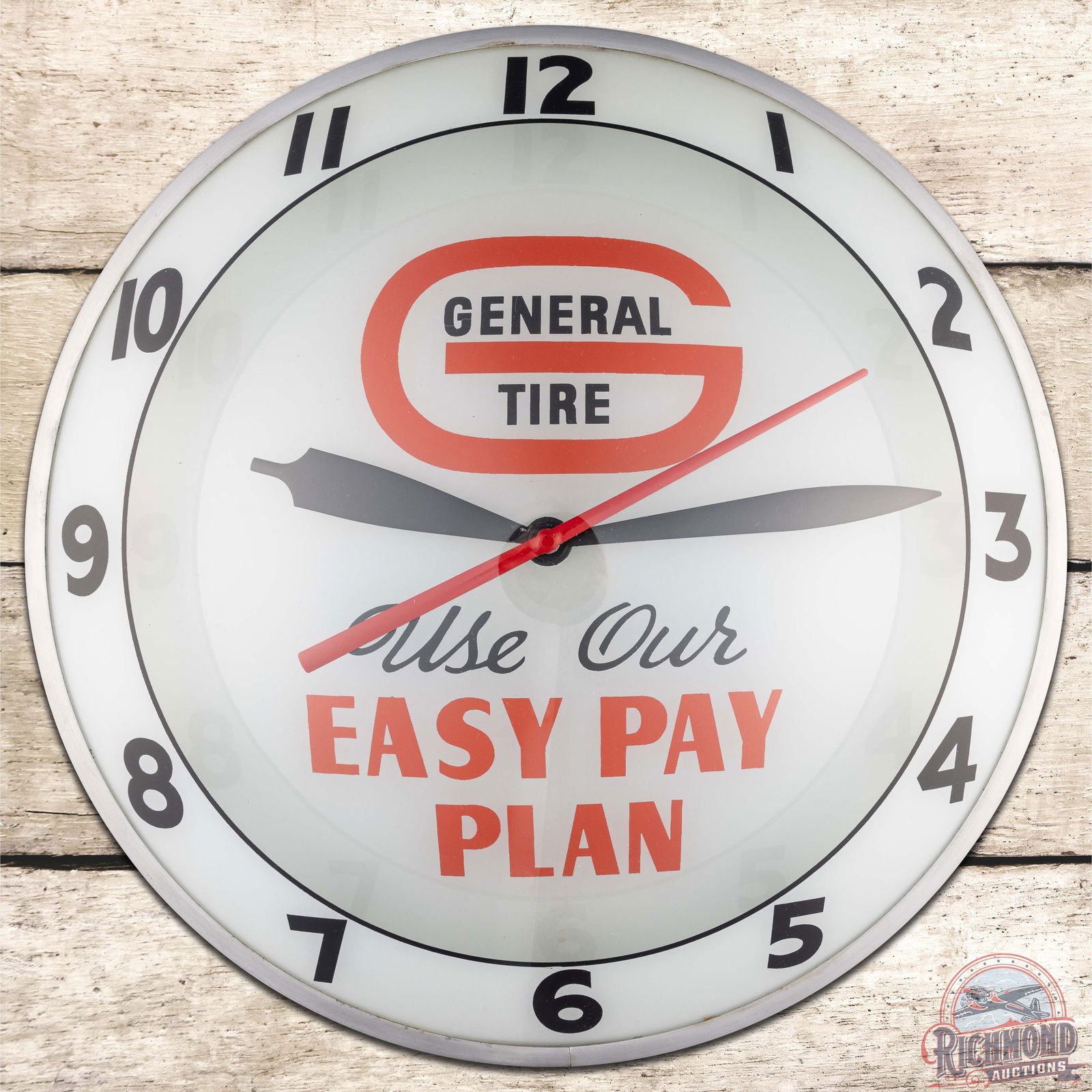 General Tire Use Our Easy Pay Plan 15" Double Bubble Advertising Clock: Lighted double bubble clock runs and lights as it should. The inner and outer faces are in excellent condition. The can features original paint with light wear and a new Advertising Products decal on
