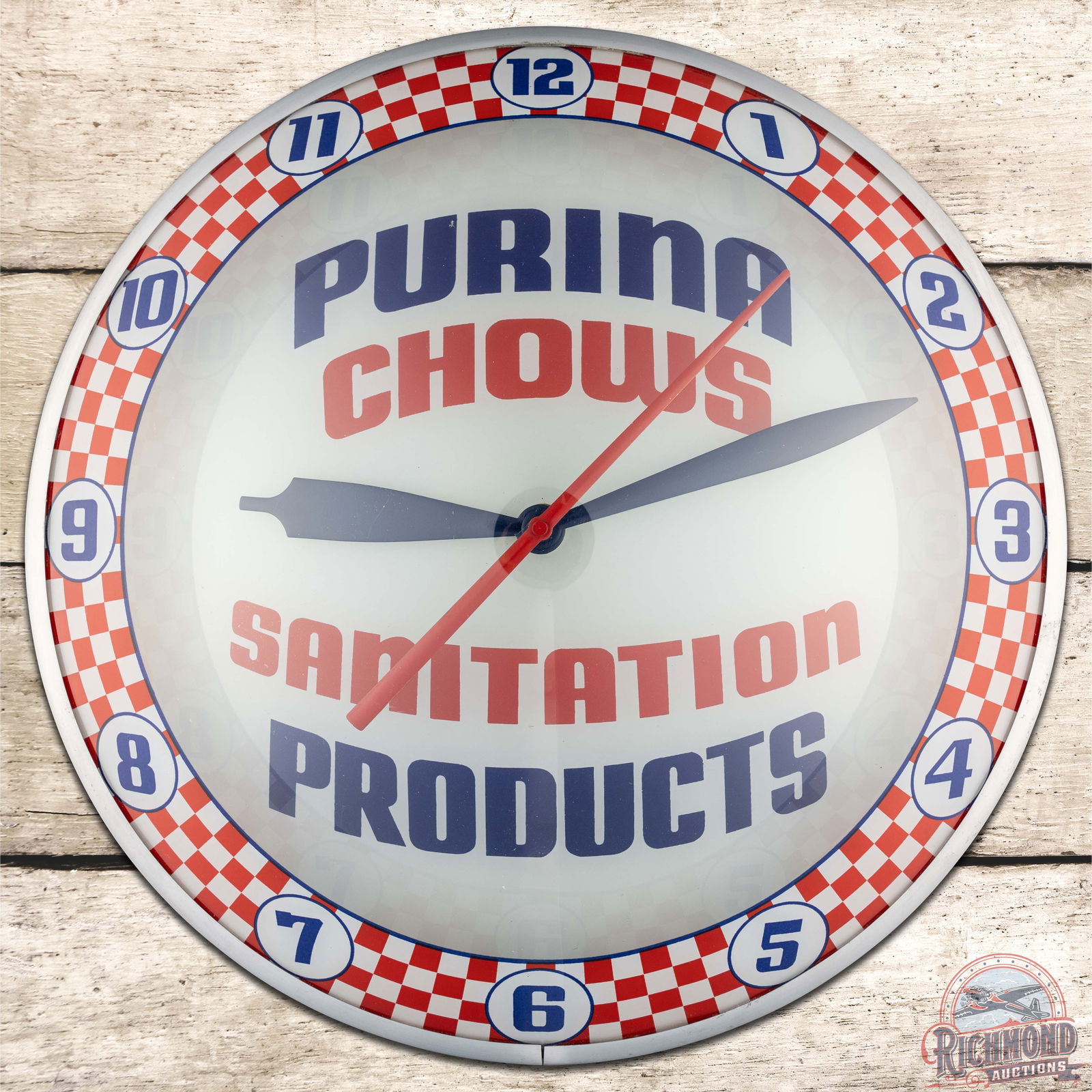 Purina Chows Sanitation Products 15" Double Bubble Advertising Clock: Lighted double bubble clock runs and lights as it should. The clock has a great look with vibrant colors on the inner and outer faces. The inner face is clean and the outer face has a few minor scuffs
