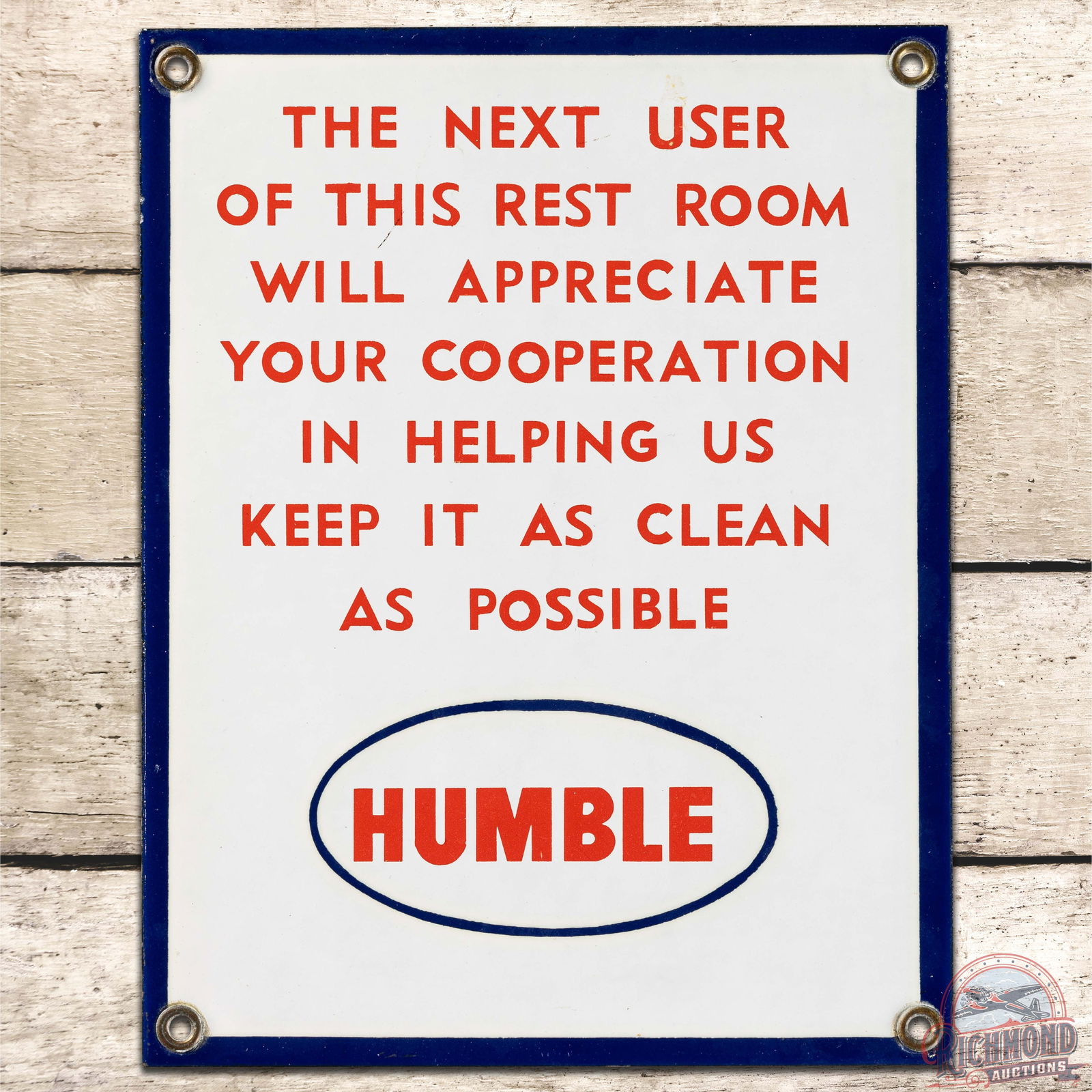 Humble Gas Station Rest Room SS Porcelain Sign w/ Logo: SSP (single sided porcelain) sign has exceptional color and gloss. The field is clean with a few minor scuffs in the upper field. The perimeter has minor discoloration at the mounting holes. All four