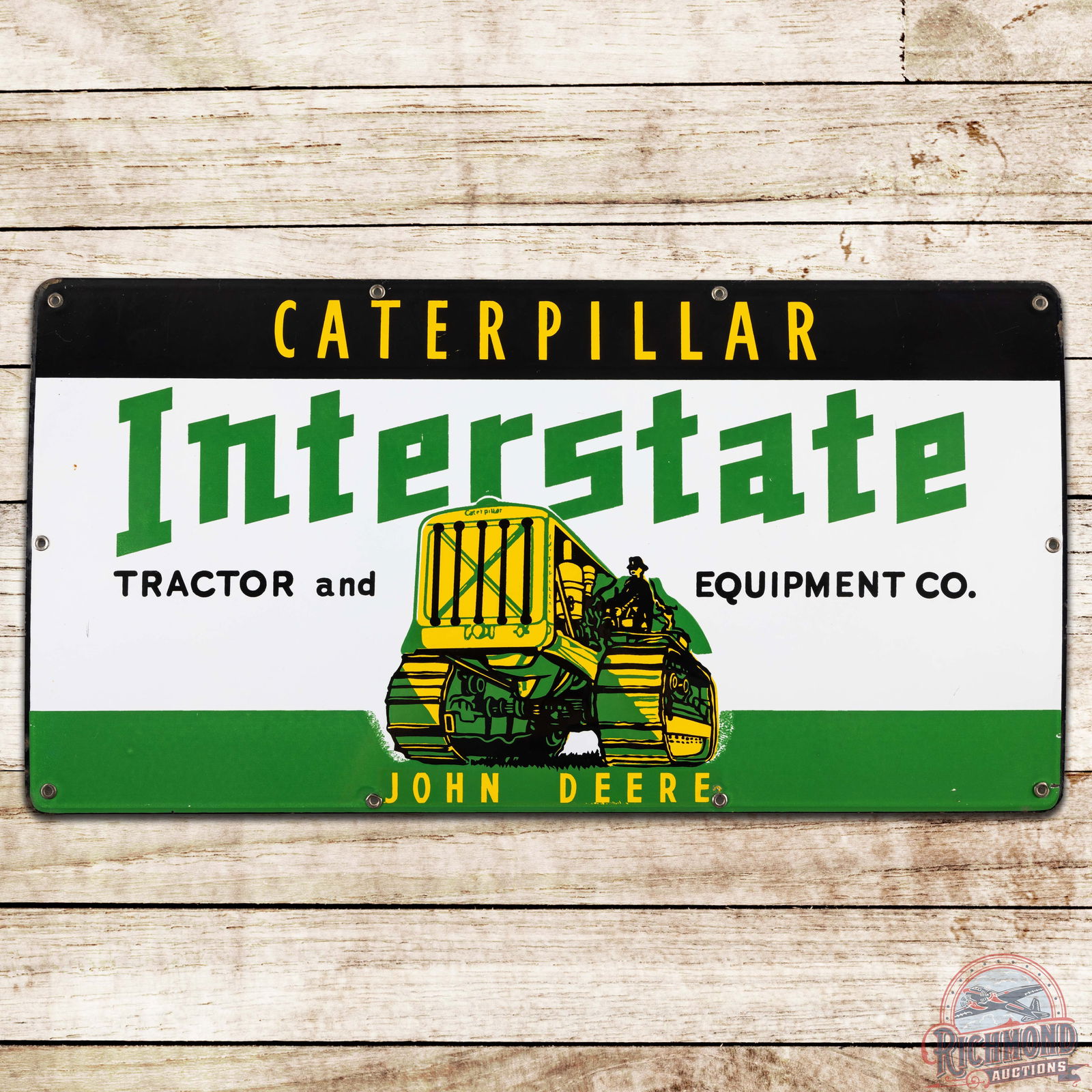 Scarce Caterpillar Interstate John Deere Tractor and Equipment Co Porcelain Sign w/ Crawler Tractor: Amazing SSP (single sided porcelain) sign has day one color and gloss. The sign features a larger crawler tractor with unique John Deere and Caterpillar colors. The field is clean. The perimeter has a