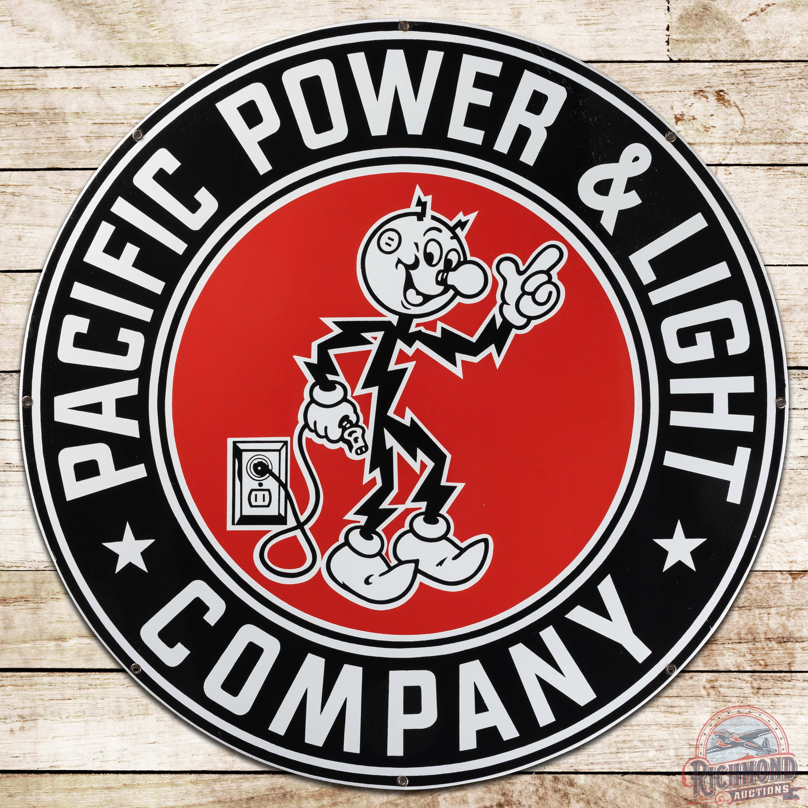 Pacific Power & Light Company 36" SS Porcelain Sign w/ Reddy Kilowatt: SSP (single sided porcelain) sign has superb color and gloss. The field is clean and features a large graphic of Reddy Kilowatt. The outer fields have light wear with an area of scratches near the " R