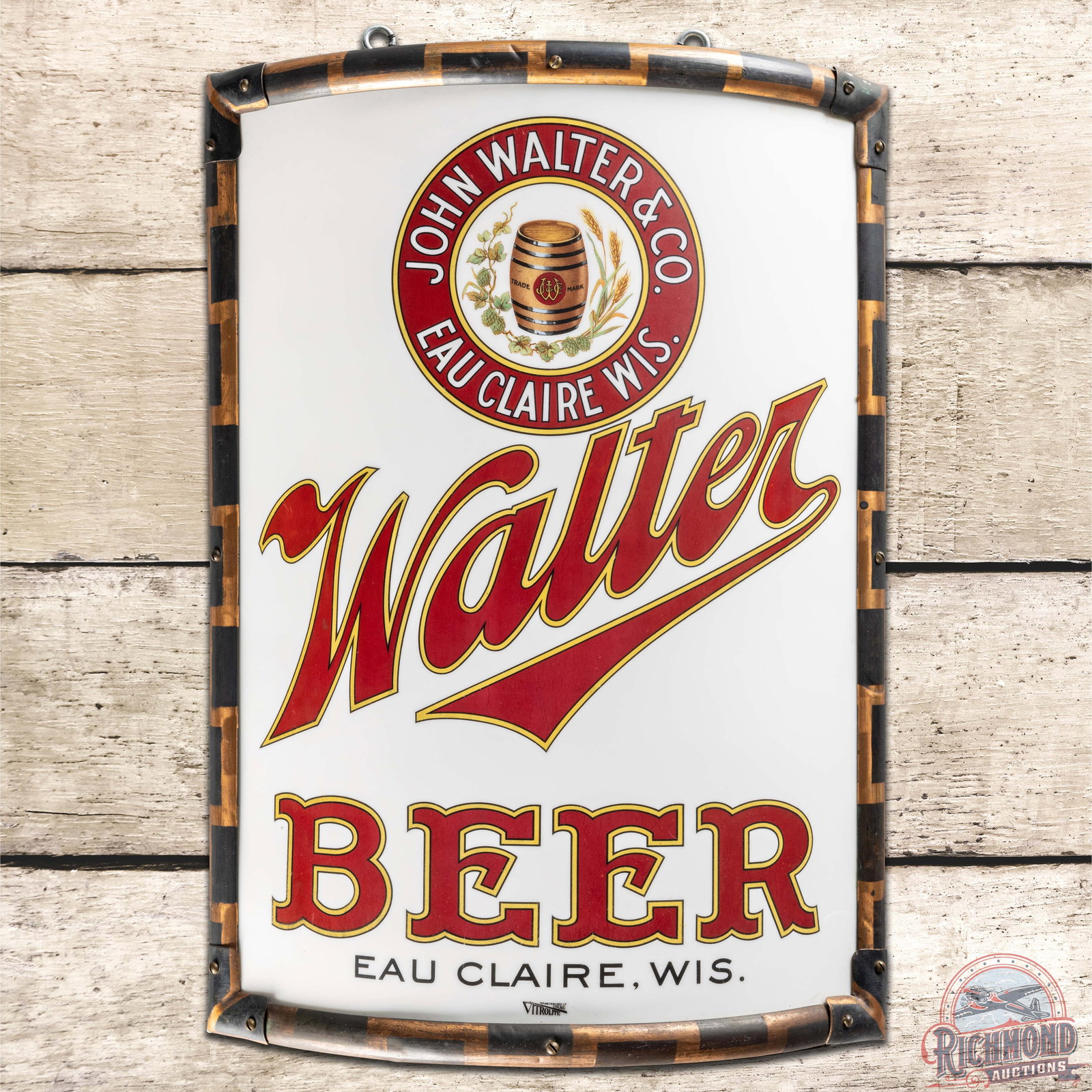 John Walter & Co Beer Curved Vitrolite Glass Corner Sign Eau Claire Wisconsin (1 of 3)