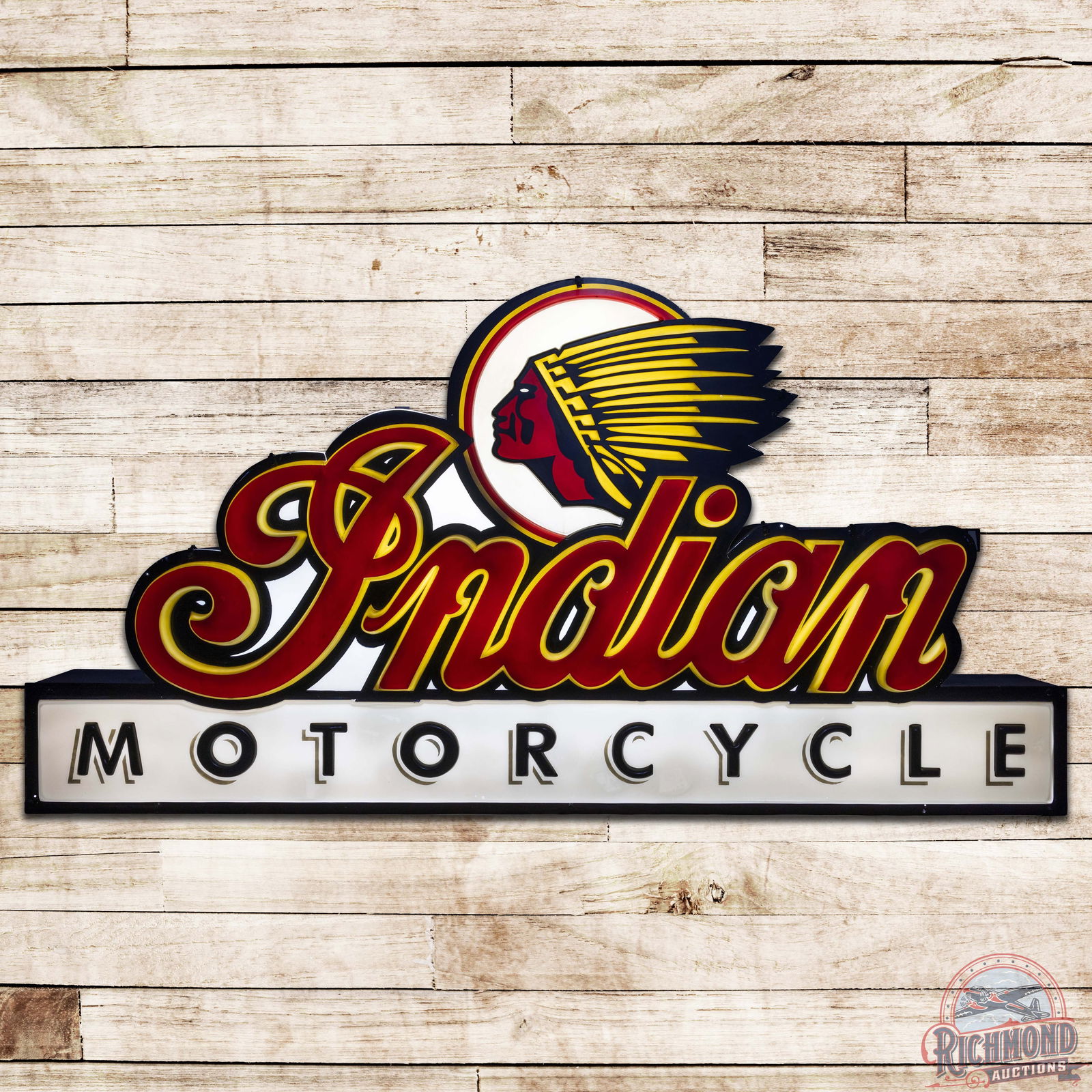 Indian Motorcycles 8' Lighted Advertising Sign w/ Logo: Outstanding lighted sign with embossed Lexan face and factory metal can works as it should. The sign features a large graphic atop the classic Indian script. The field and perimeter exhibit areas of c