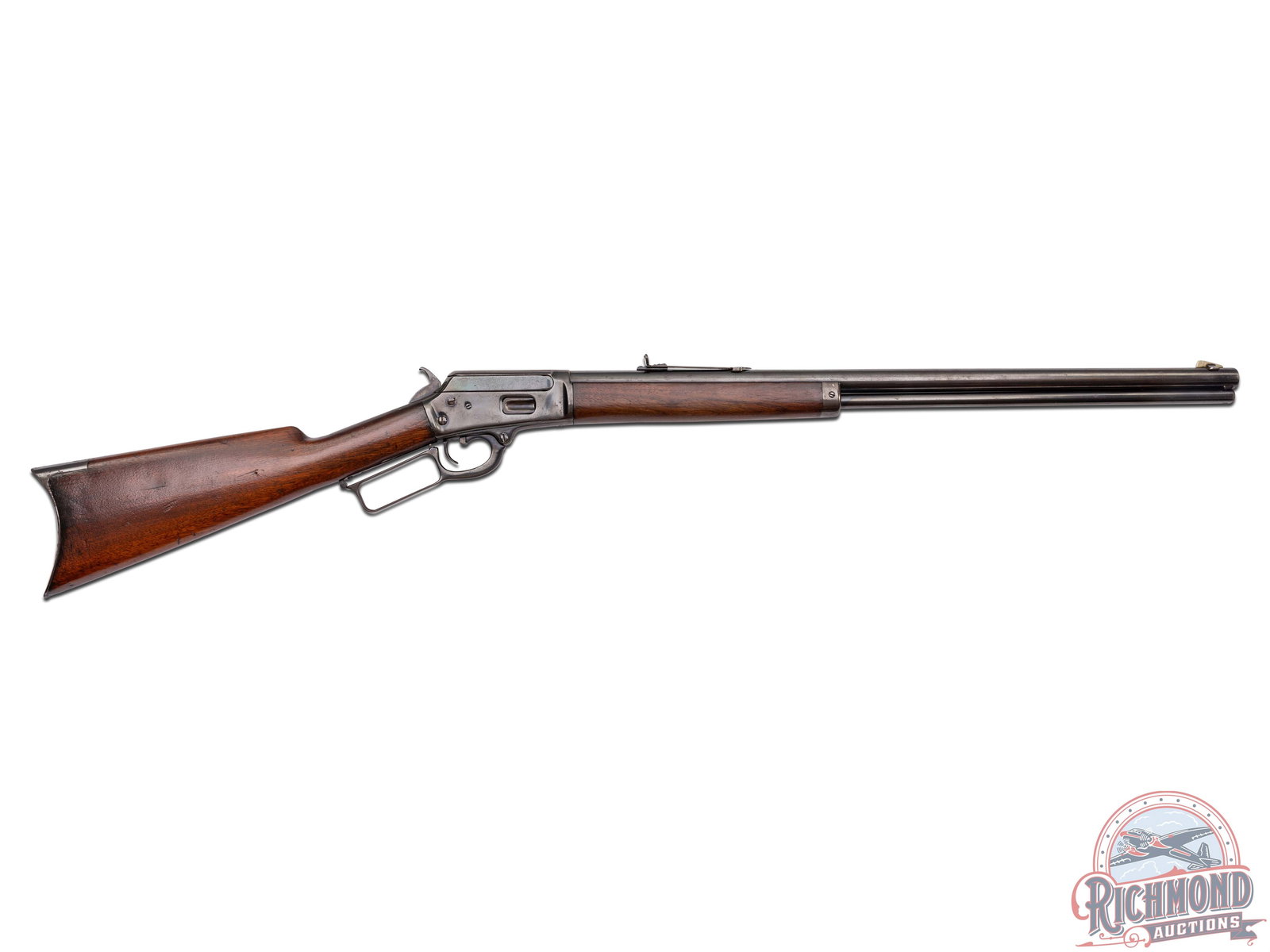 Antique Marlin Firearms Model 1889 .32-20 WIN Lever Action Rifle: Manufactured circa 1898. This Marlin model 1889 features a 24" blued round barrel with rear Buckhorn sight with elevator and nickel blade front sight. Top of the barrel is stamped "MARLIN FIRE-ARMS CO