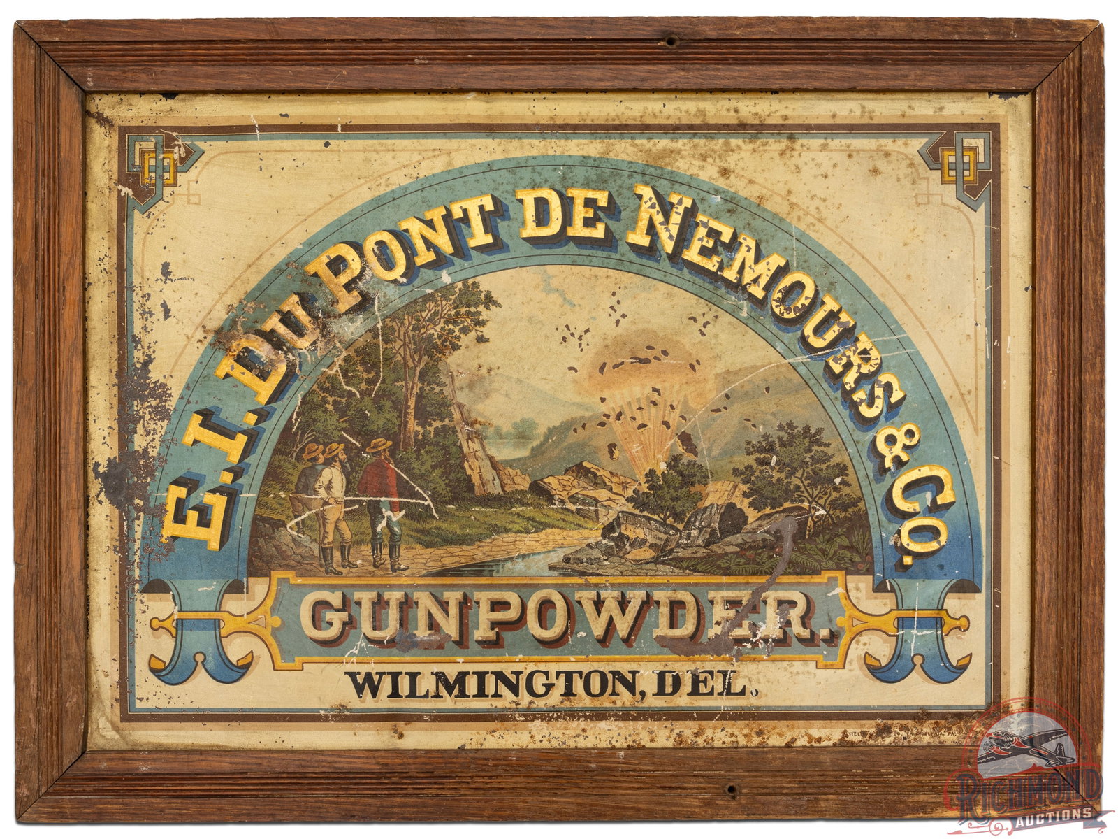 Scarce E.I. DuPont De Nemours & Co Gunpowder Wilmington, Del Tin Sign: Early SST (single sided tin) sign with good color and features a great scene with three workers on the creek bank with blasting taking place in the background. These are extremely hard to find in any 