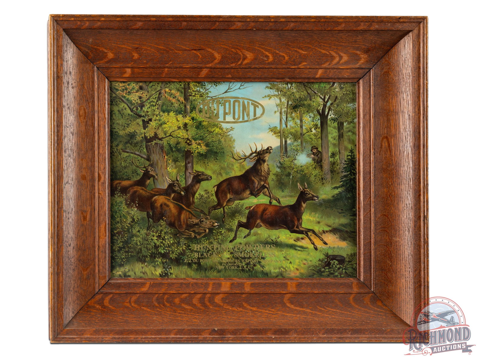 DuPont Hunting Powders Black & Smokeless Framed Paper Poster: Framed paper poster with vibrant color and a great hunting scene featuring a hunter taking down an elk as several cows escape. Exhibits some flaking in the DuPont gold lettering as well as one spot of