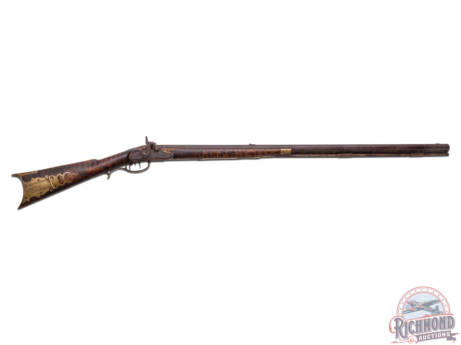 Western Pennsylvania Style Percussion Kentucky Half-stock Rifle: Percussion Kentucky half-stock rifle made in a style similar to rifles made by Mathias Ringle of Westmoreland County, Pennsylvania, circa 1850. Rifle measures 54" overall with a 38" octagon 40 caliber