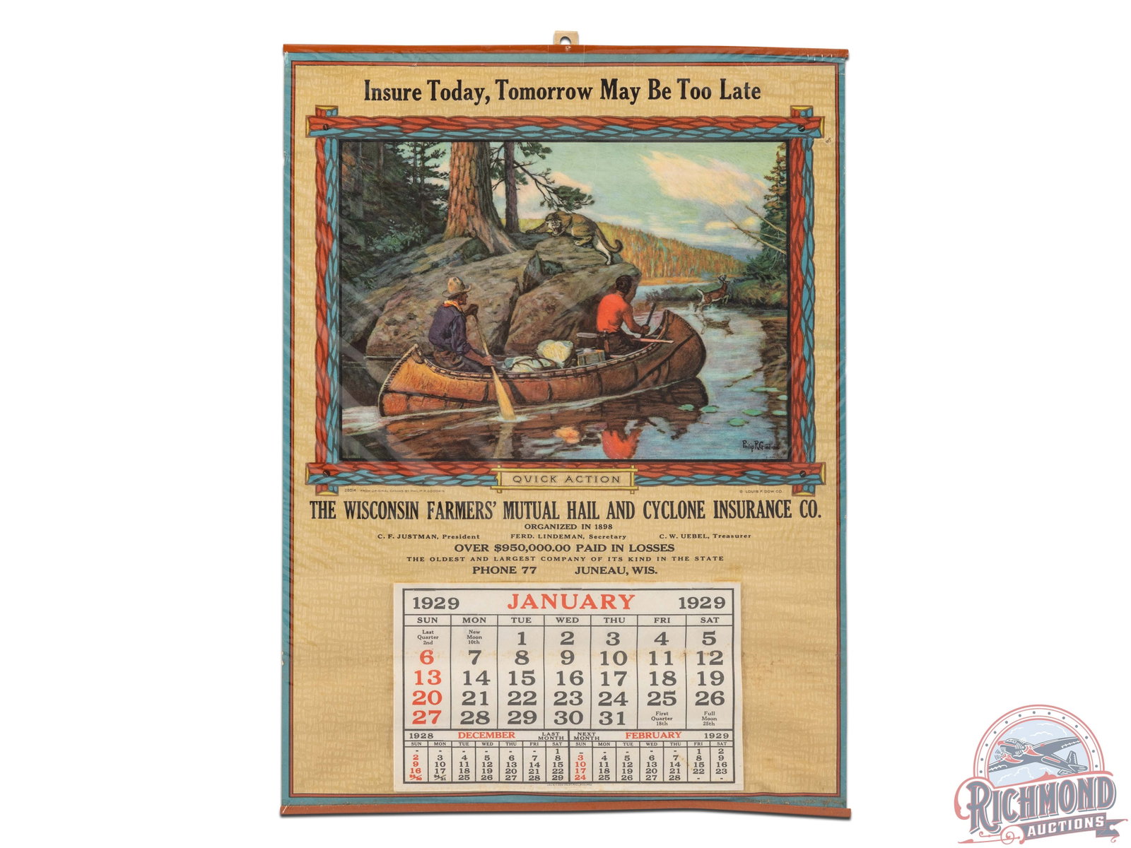 1929 Wisconsin Farmers' Mutual Insurance Co Calendar "Quick Action" by Philip R. Godwin: Beautiful lithograph paper advertising calendar sign featuring a colorful scene by renowned artist Philip R. Goodwin. The "Quick Action" scene depicts two explorers on a canoe surrounded by a mounting