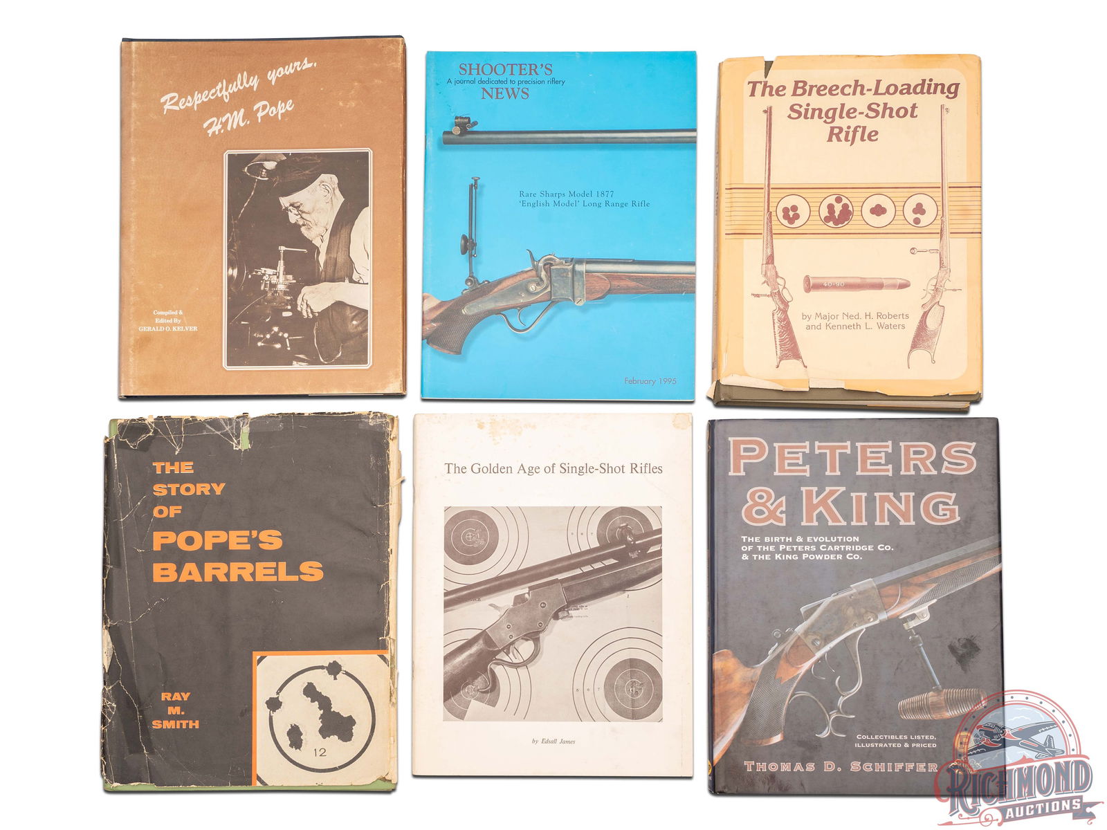 Assorted Books on Single Shot Breech Loading Rifles and Pope's Barrels: The Breech-Loading Single Shot Rifle hardback book with dust cover by Major Ned H. Roberts and Kenneth L. Waters. Respectfully yours, H.M. Pope hardback book with dust cover signed by author Gerald O.