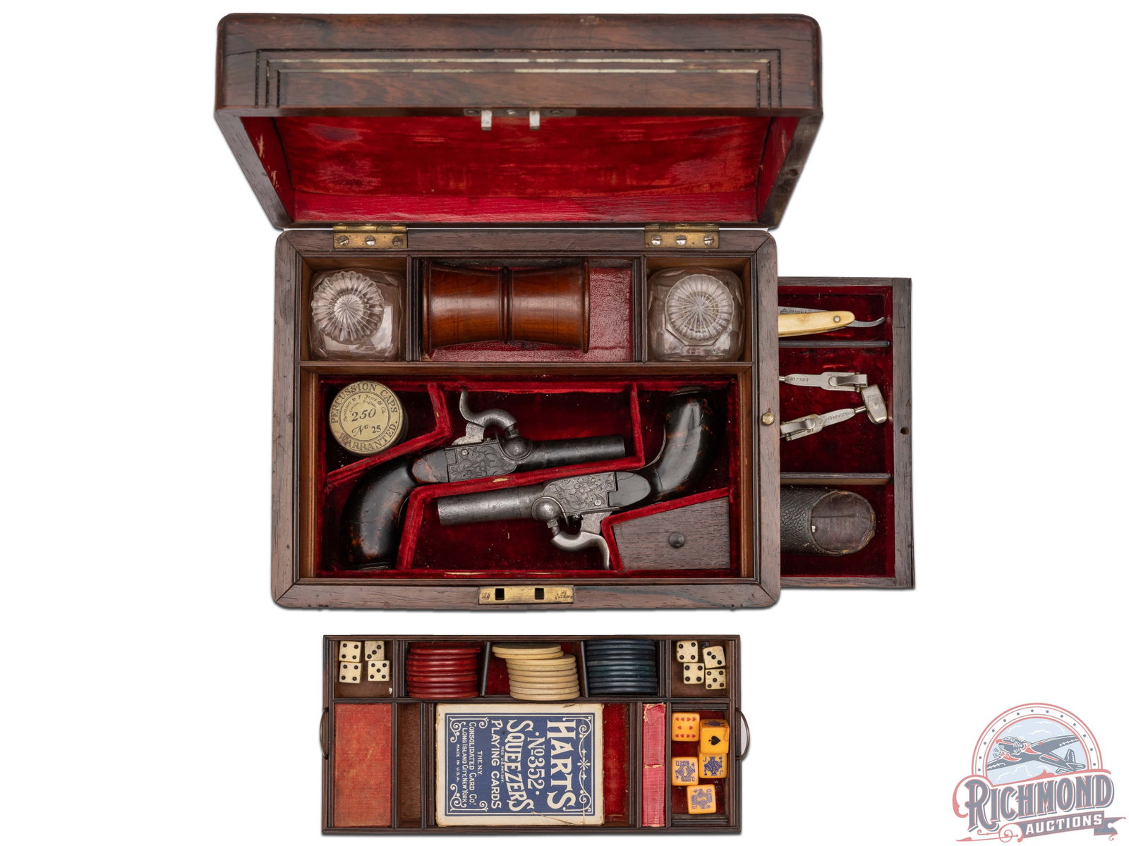 NICE Vintage Professional Gambler's Kit from the 1870's with Pair of Percussion Pistols: Professional Gambler's Kit from the 1870's assembled by unknown maker. When looking at this set it puts one in the mind of something Doc Holiday would have used as he traveled from town to town in the