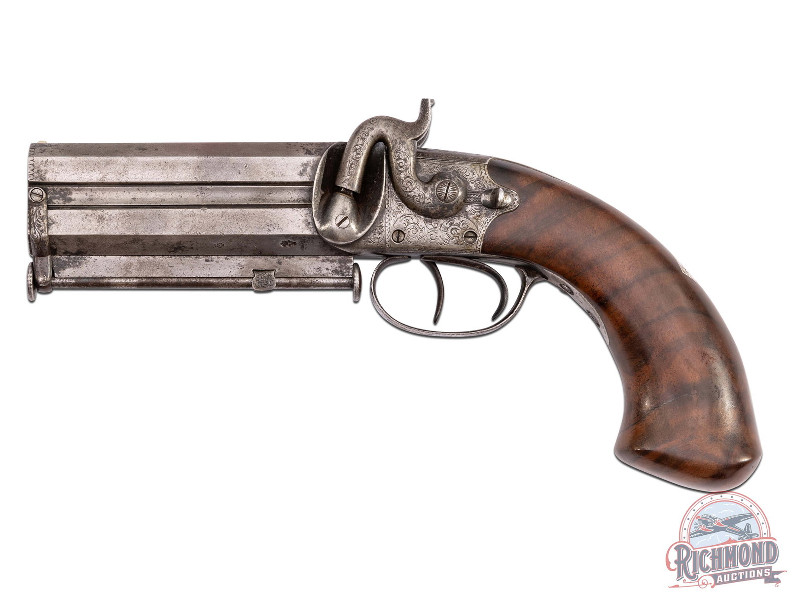 Antique 1850's W.A. Beckwith British Engraved Over/Under Percussion Dual Hammer Pistol: Manufactured circa 1850's in London. This antique over under pistol features 4" octagon barrels with rear notch and small brass blade front sight. Top flat of the barrel is stamped "W.A. BECKWITH LOND