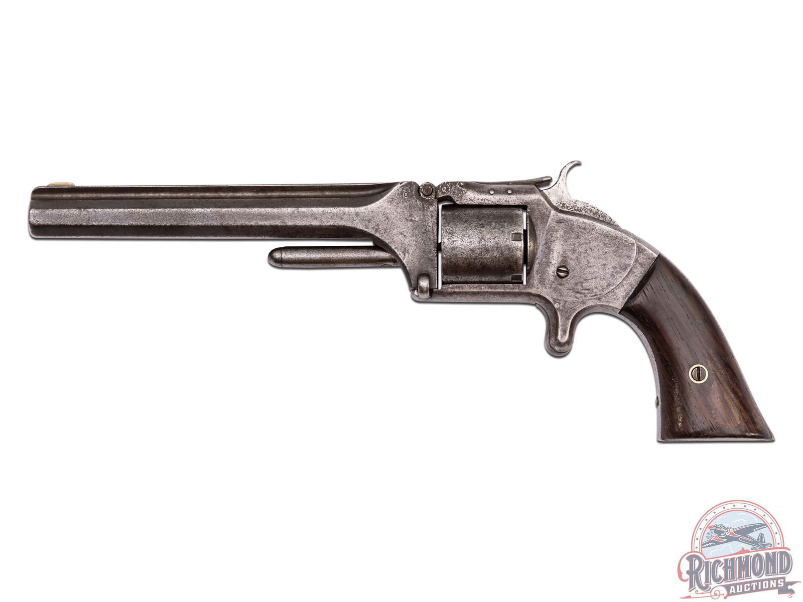 Civil War Era 1860's Smith & Wesson Model No. 2 Army .32 Rimfire Single Action Revolver: Manufactured in early 1860's. This Civil War era revolver features a 6" solid ribbed octagon barrel with brass blade front sight. Top of the barrel is stamped "SMITH & WESSON SPRINGFIELD MASS C". Sing