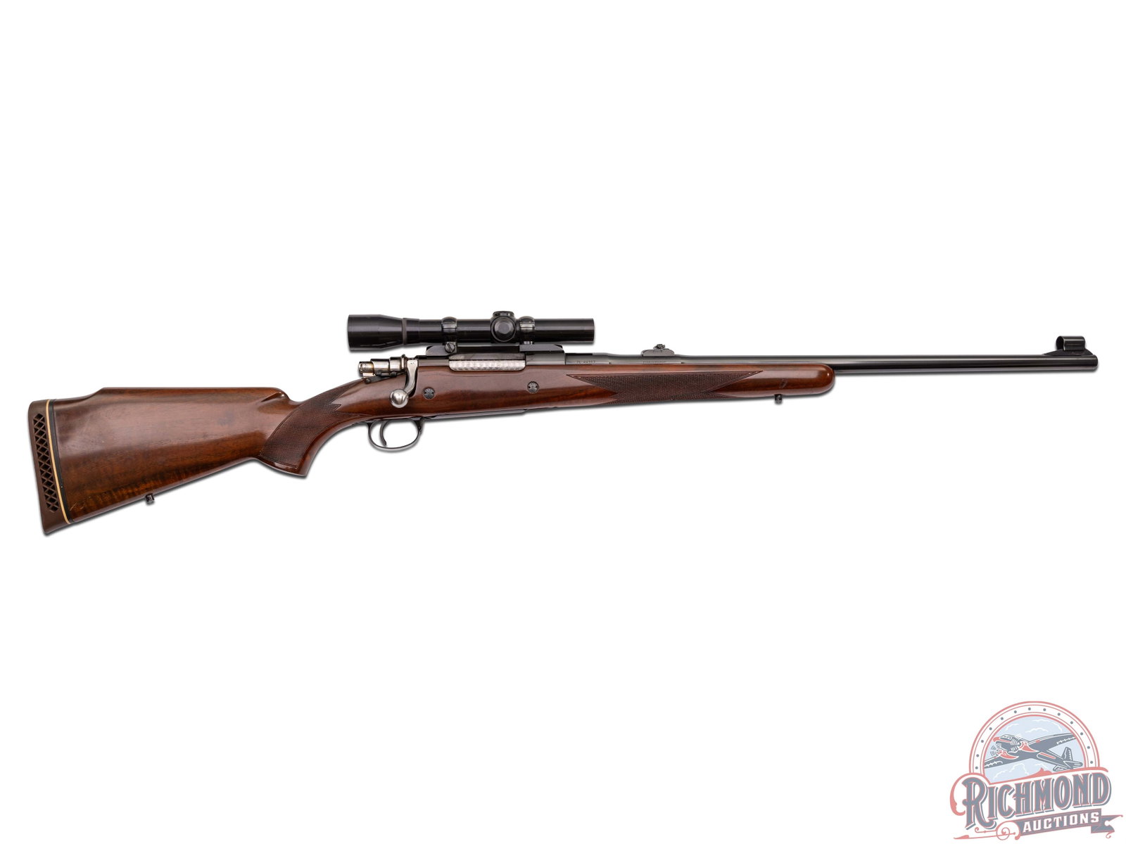 Belgium Browning Safari Grade .458 Win Mag Bolt Action Rifle: Made in Belgium by Browning in 1967. 24" round tapered barrel with hooded front sight and express rear sight with caliber marking and Browning address. Blued FN action with jeweled bolt and plain blue